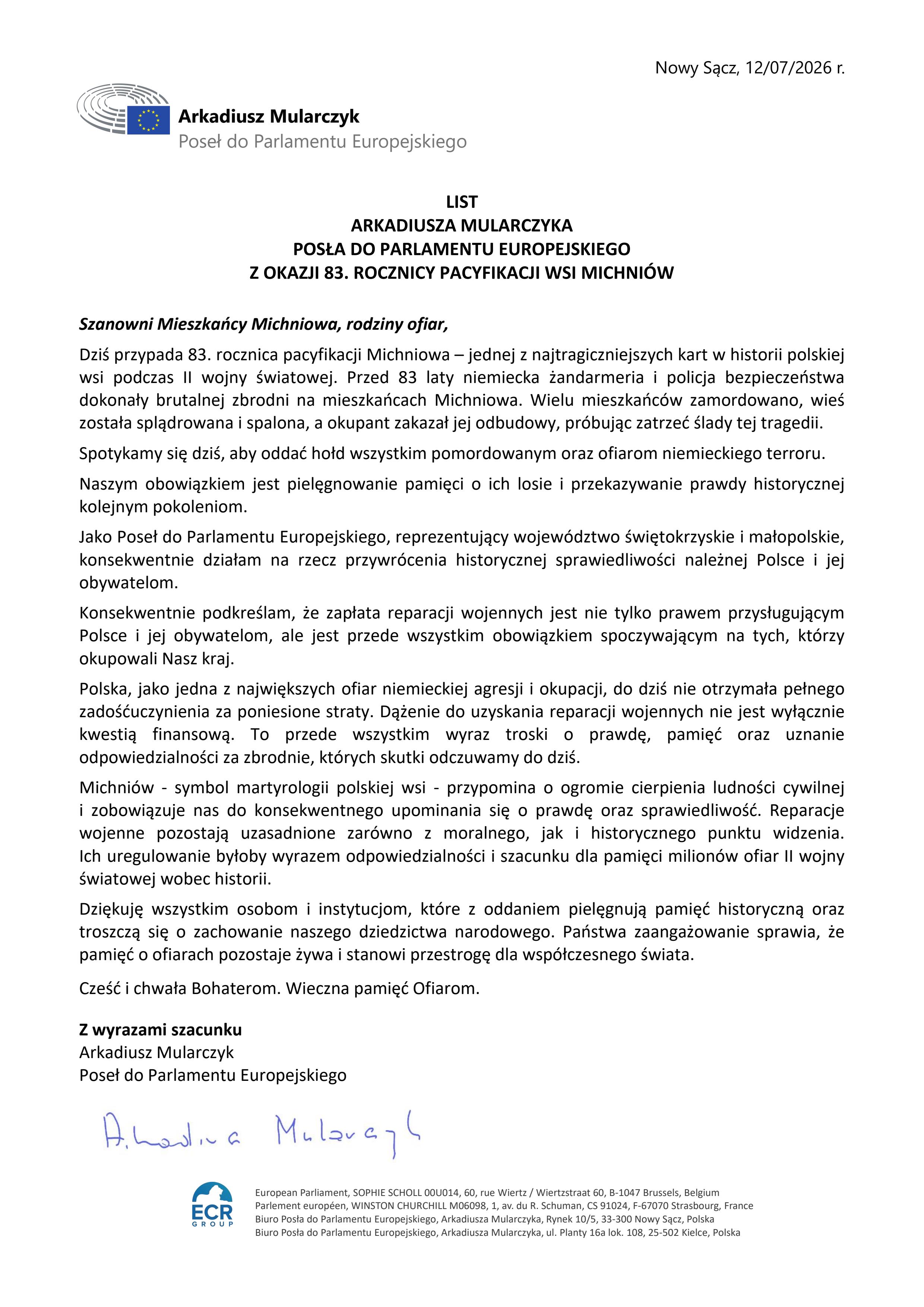 List okolicznościowy Europosła Arkadiusza Mularczyka z okazji 83. rocznicy Pacyfikacji Wsi Michniów 