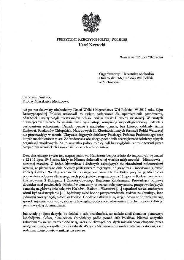 List Prezydenta RP na obchody Dnia Walki i Męczeństwa Wsi Polskiej w Michniowie