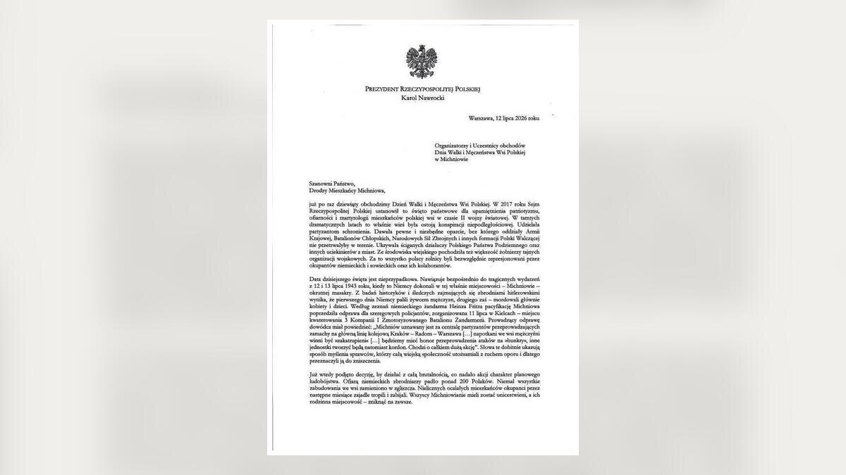 List Prezydenta RP na obchody Dnia Walki i Męczeństwa Wsi Polskiej w Michniowie